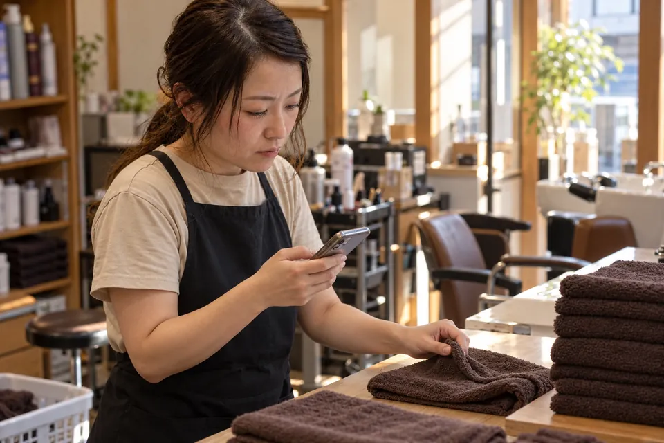 開店前の店内で、タオルをたたみながら片手でスマートフォンに返信している美容師