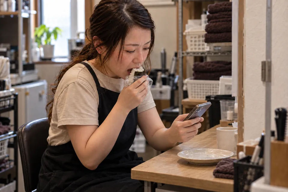 バックヤードでおにぎりを食べながらスマートフォンで返信している美容師