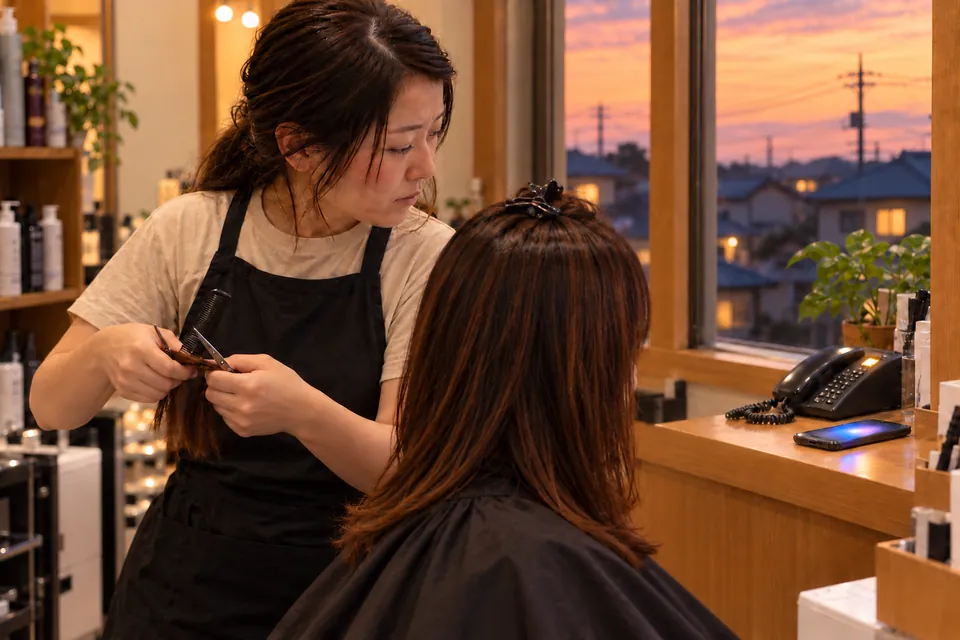 夕方、カットの途中で受付の電話のほうを振り向く美容師